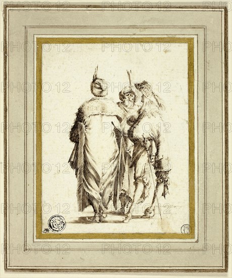 European Courtier and Two Turks, Conversing, n.d., Attributed to Stefano della Bella, Italian, 1610-1664, Italy, Pen and brown ink, with traces of black chalk, on ivory laid paper, laid down on ivory laid paper, 109 x 84 mm