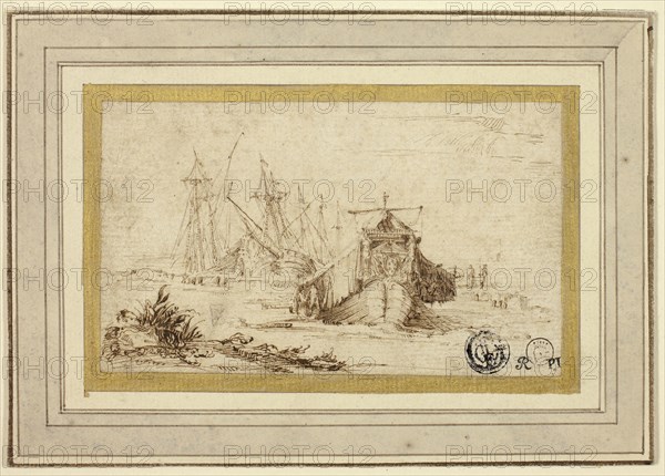 A Tuscan Galley and Other Vessels Near the Shore, 1634/37, Stefano della Bella, Italian, 1610-1664, Italy, Pen and brown ink on ivory laid paper, laid down on ivory laid card, 62 x 106 mm