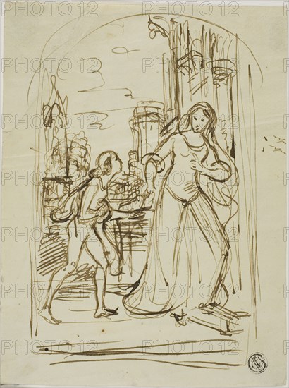Literary Illustration: Medieval Lady with Page (recto), Sketches of Figures (verso), n.d., Stefano della Bella, Italian, 1610-1664, Italy, Pen and brown ink (recto) and graphite (verso) on cream wove paper, 184 x 138 mm