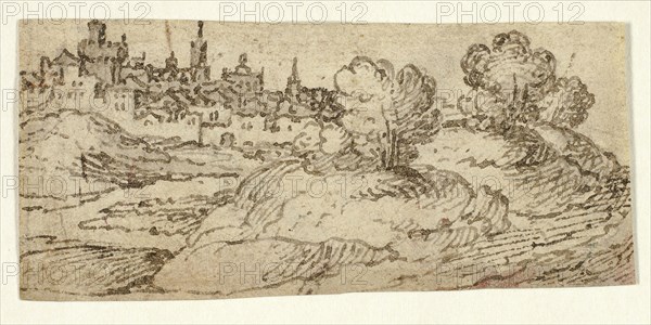 Hill Town with Trees in Foreground, n.d., Unknown Artist, Flemish, 17th century, Flanders, Pen and brown ink with brush and brown wash on cream laid paper, 44 × 95 mm