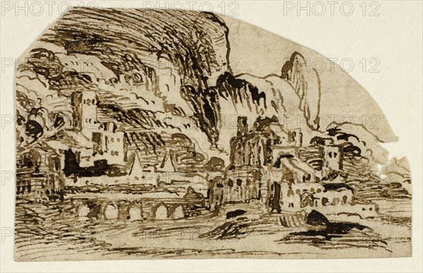 Citadel and Bridge in the Mountains, n.d., Unknown Artist, Flemish, 17th century, Flanders, Pen and brown ink on cream laid paper, 56 × 88 mm