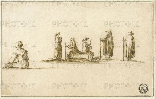 Group of Seated and Standing Men and Women, n.d., After Stefano della Bella, Italian, 1610-1664, Italy, Pen and brown ink, over traces of graphite, on buff laid paper, laid down on cream laid paper, 90 x 144 mm