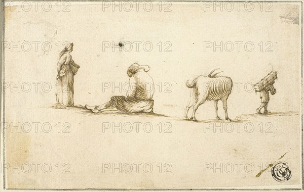 Sketches of Standing Woman, Seated Man, Goat, and Man Carrying Box on Back, n.d., After Stefano della Bella, Italian, 1610-1664, Italy, Pen and brown ink, over touches of graphite, on buff laid paper, laid down on cream laid paper, 90 x 143 mm