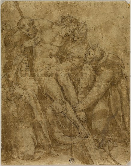 Deposition, 17th century, After Paolo Farinati, Italian, 1524-1606, Italy, Pen and brown ink with brush and brown wash, over traces of black chalk, on brown laid paper, laid down on cream laid paper, 314 x 248 mm