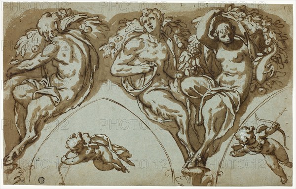 Study for Spandrel Decoration with Satyress, Satyrs, and Putti (recto), Head of Putto (verso), c. 1588, Paolo Farinati, Italian, 1524-1606, Italy, Pen and brown ink with brush and brown wash, heightened with lead white (recto), and black chalk heightened with white chalk on blue laid paper (verso), on blue laid paper, 254 x 420 mm