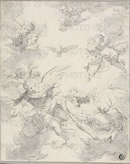 The Holy Ghost and Angels, 1720/39, Giovanni Domenico Ferretti, Italian, 1692-1768, Italy, Brush and gray wash, over black chalk, on ivory laid paper, 261 x 210 mm