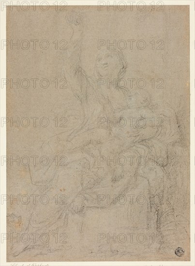 Seated Madonna and Child, n.d., Possibly Ciro Ferri (Italian, 1634-1689), or a follower of Carlo Maratti (Italian, 1625-1713), Italy, Black chalk, heightened with touches of white chalk, on gray-brown laid paper, laid down on cream wove paper, 270 x 194 mm