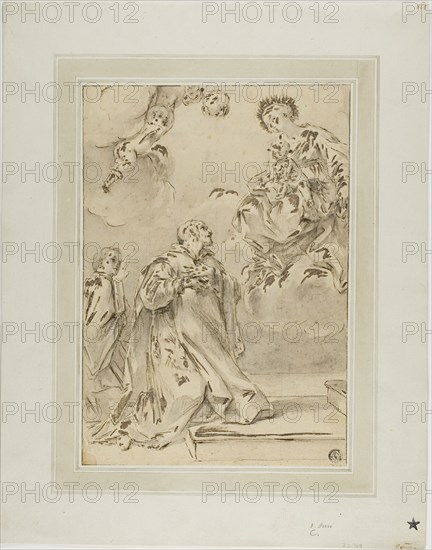 Madonna and Child Appearing to Male Saint, n.d., Possibly after Ciro Ferri (Italian, 1634-1689), Style of Carlo Maratti (Italian, 1625-1713), Italy, Pen and brown ink, with brush and brown and gray wash, over traces of black chalk, squared in black chalk, on tan laid paper, laid down on ivory wove card, 280 x 197 mm