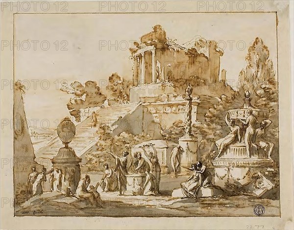 Classical Landscape with Ruined Temple on Hill, Female Figures Below, n.d., Antonio Zucchi, Italian, 1726-1795, Italy, Pen and brown ink with brush and brown and gray wash, on ivory laid paper, 210 x 265 mm