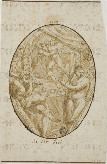Spandrel with Rape of Orytheia Flanked by Hercules and Omphale, n.d., Possibly after Ciro Ferri, Italian, 1634-1689, Italy, Pen and brown ink, with brush and brown wash, over traces of black chalk, on ivory laid paper, laid down on ivory laid paper, 145 x 110 mm
