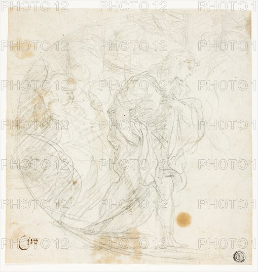 Unidentified Biblical Scene (recto), Sketches (verso), n.d., Possibly Ciro Ferri (Italian, 1634-1689), or Luca Giordano (Italian, 1632-1705), or Baldassarre Franceschini (Italian, 1611-1690), Italy, Black chalk (recto and verso) on ivory laid paper, 215 x 206 mm