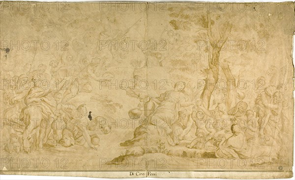 Moses Tapping the Rock, n.d., After Ciro Ferri, Italian, 1634-1689, Italy, Black chalk, with brush and brown wash, on tan laid paper, laid down on ivory laid paper, 416 x 735 mm