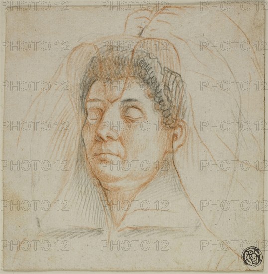 Death Mask of a Woman, c. 1605, Circle of Lavinia Fontana, Italian, 1552-1614, Italy, Black and red chalk, on ivory laid paper, laid down on ivory wove paper, 129 x 127 mm (max.)