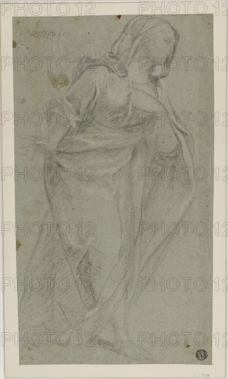 Standing Draped Female Figure, n.d., Baldassare Franceschini, called Il Volterrano, Italian, 1611-1689, Italy, Black chalk, heightened with touches of white chalk, on blue-gray laid paper, laid down on cream wove card, 315 x 181 mm