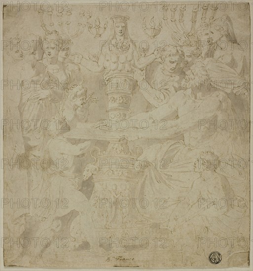 Oracle and Worshippers before the Statue of Artemis of Ephesus, n.d., Follower of Battista Franco, called Il Semolei, Italian, c. 1510-1561, Italy, Pen and brown ink with brush and gray wash, on buff laid paper, tipped onto buff wove paper, 212 x 198 mm