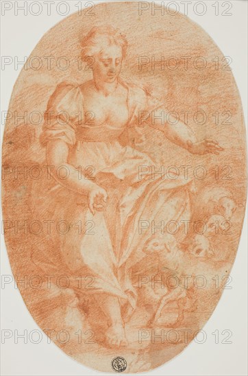 Allegorical Figure of Meekness or Saint Agnes, 1545/50, Follower of Rosso Fiorentino, Italian, 1494-1540, Italy, Red chalk on oval-shaped ivory laid paper, 240 x 158 mm (max.)