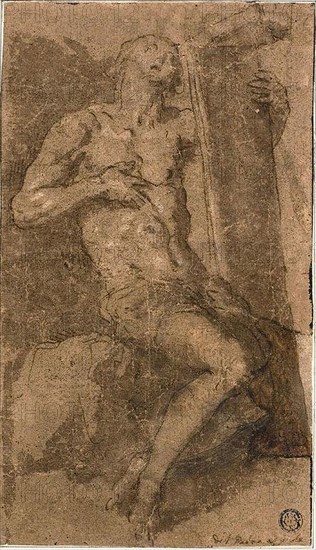 Saint Lawrence, c. 1611, Jacopo Negretti, called Palma il Giovane, Italian, c. 1548-1628, Italy, Pen and brown ink with brush and brown wash, heightened with lead white, on brown laid paper, laid down on ivory wove paper, 234 x 135 mm