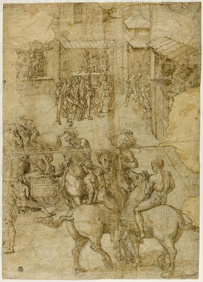 Mythological Pageant (recto), Illegible Inscriptions and Anatomical Studies of Head (verso), 1528/29, Girolamo Genga, Italian, c. 1476-1551, Italy, Pen and brown ink over charcoal, on ivory laid paper (recto), and pen and black ink and graphite (verso) laid down on cream laid paper, 508 x 360 mm
