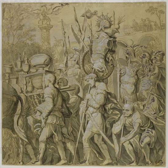 Triumphs of Julius Caesar: Canvas No. VI, 18th century, After Andrea Mantegna, Italian, 1431-1506, Italy, Pen and brown ink, with brush and gray wash, heightened with lead white (oxidized), on cream laid paper prepared with yellow wash, 370 x 370 mm