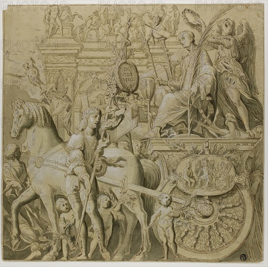 Triumphs of Julius Caesar: Canvas No. IX, 18th century, After Andrea Mantegna, Italian, 1431-1506, Italy, Pen and brown ink, with brush and gray wash, heightened with lead white (oxidized), on cream laid paper prepared with yellow wash, 372 x 377 mm