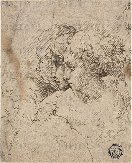 Female Heads, 1535/40, Attributed to Parmigianino, Italian, 1503-1540, Italy, Pen and brown ink with traces of black chalk, on buff laid paper, laid down on ivory laid paper, tipped onto board, 108 x 88 mm
