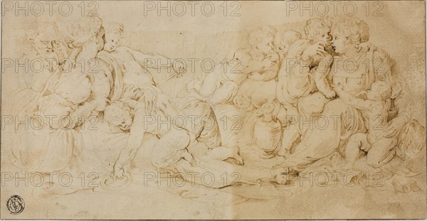 Seated Women, Children, and Old Man, 1550/59, Unknown Cremonese Artist, Italian, mid-16th century, Italy, Pen and brown ink, over traces of graphite, on tan laid paper, laid down on ivory laid paper, 117 x 226 mm
