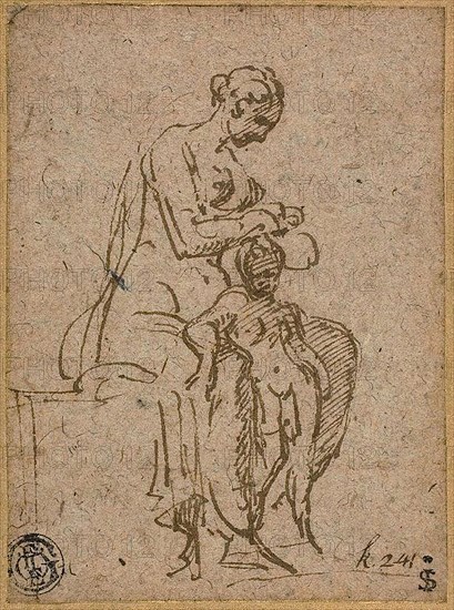 Woman Delousing a Child, 1524/27, Parmigianino, Italian, 1503-1540, Italy, Pen and brown ink on tan laid paper with blue fibers, laid down on ivory wove card, 98 x 72 mm