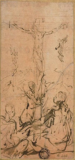 Crucifixion, 1524/27, Parmigianino, Italian, 1503-1540, Italy, Pen and brown ink on cream laid paper, prepared with pale orange wash, laid down on ivory wove card, 140 x 65 mm