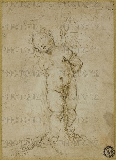 Cupid Tied to a Tree, 1570/99, Attributed to Giorgio Picchi, Italian, c. 1560-1605, Italy, Pen and brown ink over traces of black chalk, on tan laid paper, laid down on ivory laid card, 138 x 99 mm