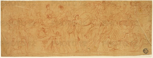 Sarcophagus with Judgement of Paris, n.d., Attributed to Pierre Brebiette, French, 1598-c. 1650, France, Red chalk on tan tinted laid paper, laid down on ivory wove paper, 105 × 282 mm