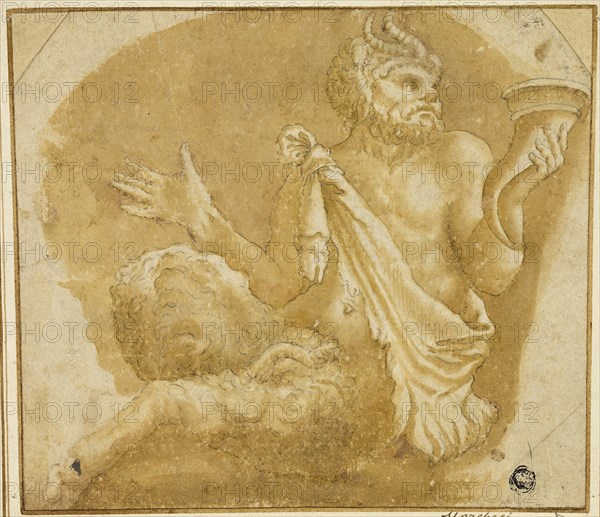 Seated Faun Holding Cornucopia (recto), Sketch of Tree and House (verso), n.d., After Giulio Pippi, called Giulio Romano, Italian, c. 1499-1546, Italy, Brush and brown wash, heightened with white gouache, and graphite (added later) (recto), on ivory laid paper, and graphite (verso), laid down on cream laid paper, 198 x 228 mm