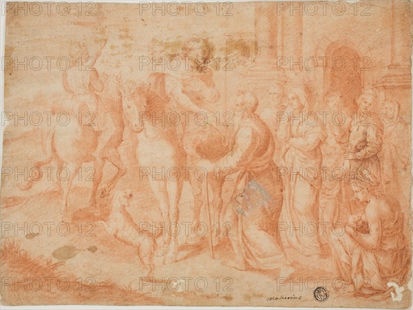 Departure of Tobias, n.d., Unknown Artist, Italian, late 16th century, Italy, Red chalk on tan laid paper, laid down on ivory laid paper, 204 x 272 mm (max.)