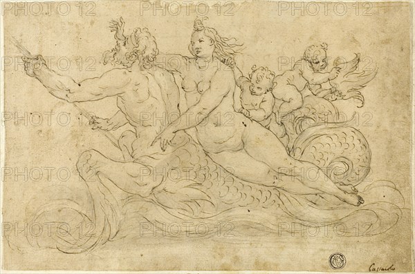 Triton, Nereid, and Putti, n.d., Giuseppe Mazzuoli, called Il Bastarolo, Italian, c. 1536-1589, Italy, Pen and black and brown ink with brush and gray wash, and touches of graphite, on tan laid paper, laid down on ivory laid paper, 163 x 246 mm