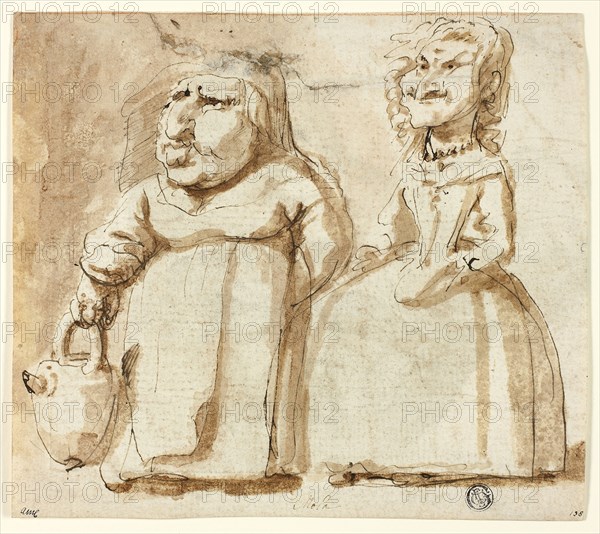 Caricatures of Two Women (recto), Praying Judas (verso), n.d., Attributed to Pier Francesco Mola, Italian, 1612-1666, Italy, Pen and brown ink with brush and brown wash (recto) and engraving in black (verso) on ivory laid paper, 185 x 207 mm