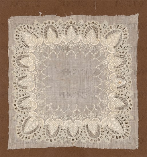 Handkerchief, 19th century, France, Linen, plain weave, embroidered with linen threads in padded satin, overcast, eyelet, buttonhole and hem stitches and back stitch known as Point de Sablé, openwork with drawn filling and overcast, 31.4 × 32.5 cm (12 3/8 × 12 3/4 in.)