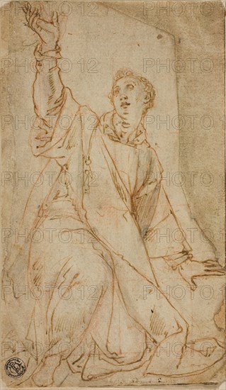 Kneeling Saint Stephen with Upraised Right Arm, n.d., Attributed to Sabatini, called Lorenzino da Bologna, Italian, c. 1530-1576, Italy, Pen and brown ink over black and red chalk, on tan laid paper, squared in red chalk, pieced and laid down on cream laid paper, tipped onto ivory wove paper, 195 x 114 mm (max.)