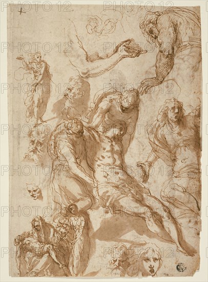 Sketches for a Lamentation and a Pietà, and of Various Figures, Heads, and an Arm (recto), Sketches of the Dead Christ, and of Various Figures and Heads (verso), 1580 (recto), 1576/80 (verso), Jacopo Negretti, called Palma il Giovane, Italian, c. 1548-1628, Italy, Pen and brown ink with brush and brown wash (recto and verso), on ivory laid paper, 275 x 195 mm