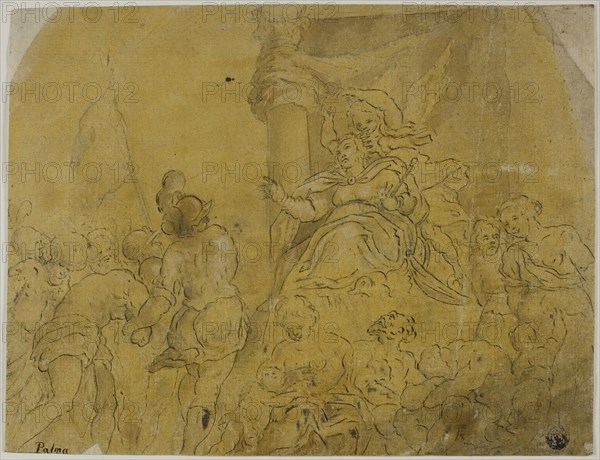 Study for Venice, Crowned by Victory, Receiving Her Subject Peoples, n.d., After Jacopo Negretti, called Palma il Giovane, Italian, c. 1548-1628, Italy, Pen and black and brown ink with brush and brown wash, heightened with lead white (partially oxidized), on laid paper prepared with orange wash, laid down on tan laid paper, 193 x 251 mm (max.)