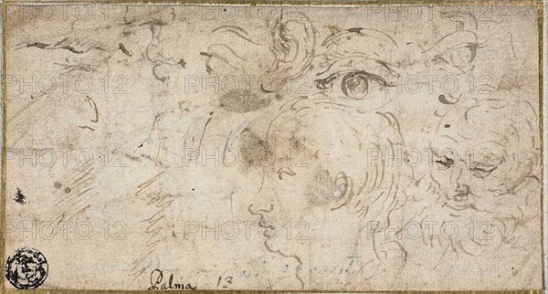Sketches of Heads, Eyes, Ear, and Mouth, 1600/11, Jacopo Negretti, called Palma il Giovane, Italian, c. 1548-1628, Italy, Pen and brown ink, on ivory laid paper, tipped onto ivory laid paper, 69 x 129 mm