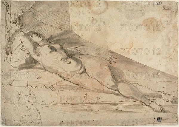 Reclining Female Nude, 1585/1600, Unknown Artist, Italian, late 16th century, Northern Italy, Pen and brown ink, with brush and brown and gray wash, over traces of graphite, with red chalk offset, on cream laid paper, pieced together, 241 x 340 mm