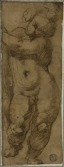 Standing Putto Seen from the Front: Study for the Virgin in Glory with Saints Petronius, Dominic, and Peter Martyr, 1570/75, Bartolomeo Passarotti, Italian, 1529-1592, Italy, Pen and brown ink on tan laid paper, laid down on ivory laid paper, 206 x 77 mm (max.)