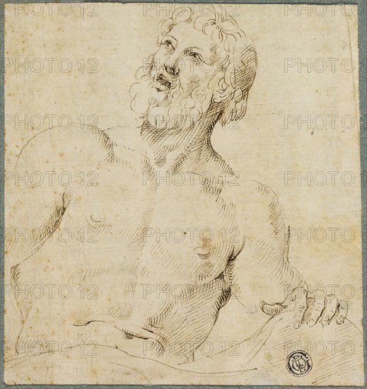 Half-length Sketch of Bearded Man (Jupiter?), 1540/60, After Battista Franco, called Il Semolei, Italian, c. 1510-1561, Italy, Pen and brown ink on cream laid paper, tipped onto blue laid paper, 149 x 141 mm (max.)