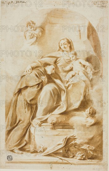 Madonna and Child with Saint Anthony of Padua, n.d., Giovanni Battista Pittoni, the younger, Italian, 1687-1767, Italy, Brush and brown ink and wash, over traces of red and black chalk, on ivory laid paper, 292 x 187 mm