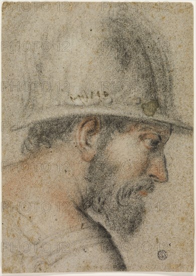 Profile Head of a Soldier with Helmet, 1588/96, Attributed to Gabriele Caliari, Italian, 1568-1631, Italy, Red and black chalk on gray-brown laid paper, laid down on cream laid paper, 267 x 190 mm