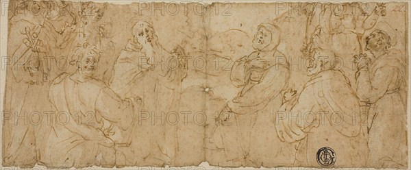 Franciscan Saints in Adoration, n.d., Unknown Artist, Italian, late 16th century, Italy, Pen and brown ink with brush and pale brown wash, over traces of black chalk, on tan laid paper, laid down on cream wove card, 87 x 209 mm (max.)