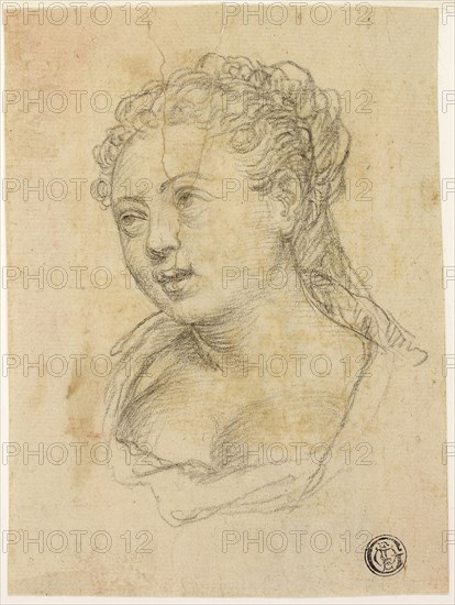 Woman’s Head (recto), Sketch of Arm and Hand (verso), 1590/96, Follower of Paolo Veronese, Italian, 1528-1588, Italy, Black chalk (recto and verso) on cream laid paper, partially laid down on ivory laid paper, 144 x 108 mm