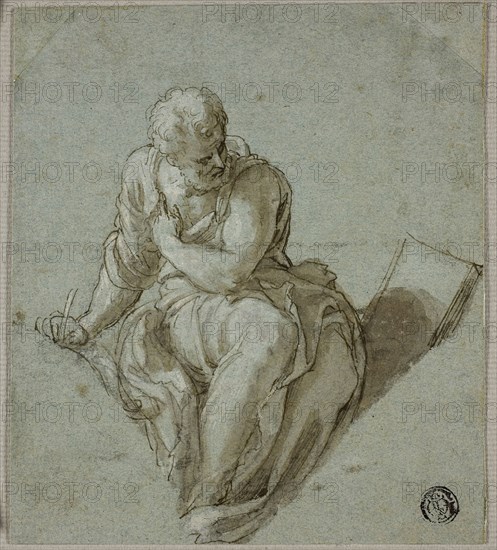 Seated Prophet or Evangelist Writing, n.d., Giuseppe Porta, called Giuseppe Salviati, Italian, c. 1520-1575, Italy, Pen and brown ink and brush and brown wash, with traces of black chalk, heightened with white gouache, on blue laid paper, laid down on cream laid card, 141 x 123 mm (max.)