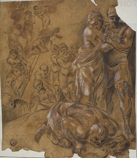 Return of Agamemnon, 18th century, After Francesco Primaticcio, Italian, 1504-1570, Italy, Black chalk with brush and brown wash, heightened with lead white (partly oxidized), on tan laid paper, laid down on ivory laid paper, 229 x 198 mm (max.)
