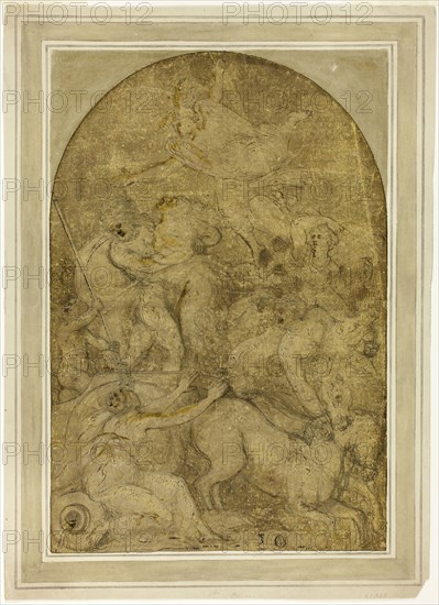 Rape of Proserpina, 1550/59, Unknown Artist, Italian, mid-16th century, Italy, Pen and black ink with brush and brown wash, heightened with lead white (oxidized), on lunette-shaped cream laid paper prepared with yellow wash, squared in graphite, laid down on cream laid card, 372 x 250 mm (max.)