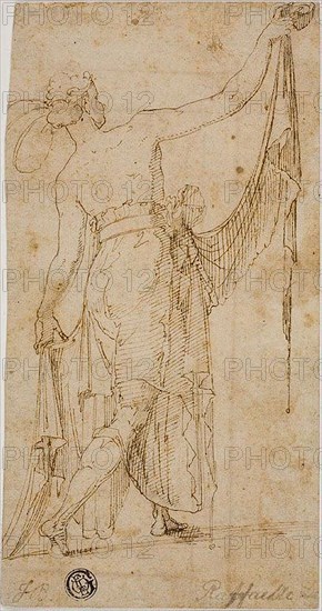 Draped Standing Figure with Outstretched Arms, 1540/50, Unknown Artist, Italian, mid-16th century, Italy, Pen and brown ink on cream laid paper, laid down on buff laid paper, 190 x 101 mm (max.)